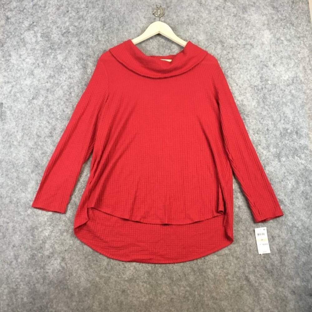 Style Co Top 2X Cowl Neck Long Sleeve Solid Red Waffle Knit High Low Christmas
